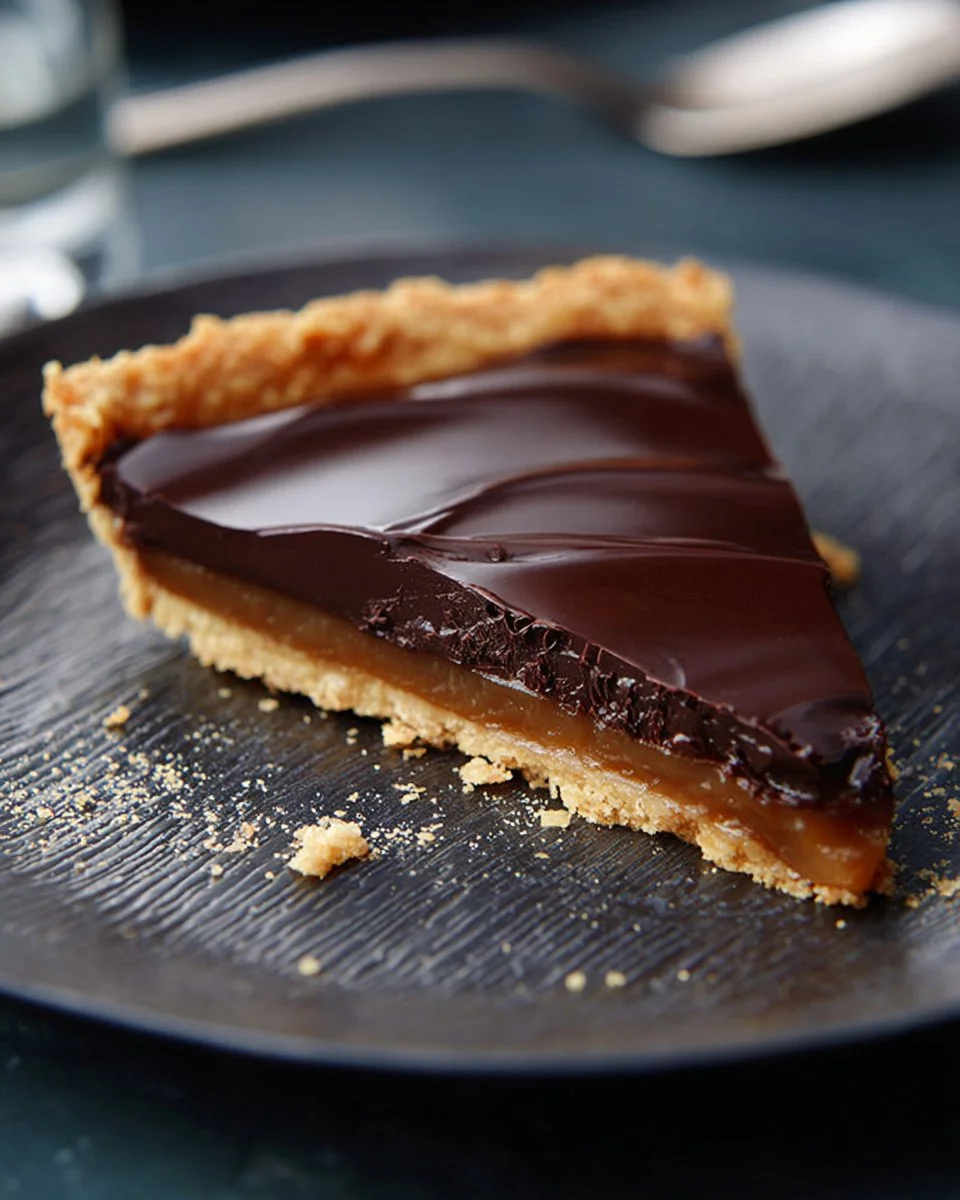 Tarte aux poires et ganache au chocolat sur une assiette élégante
