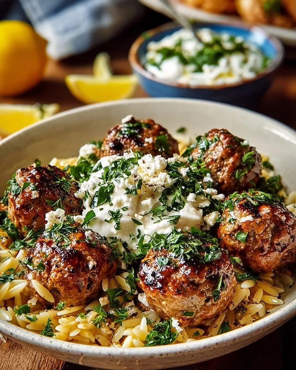 Boulettes grecques avec orzo citronné et crème de feta
