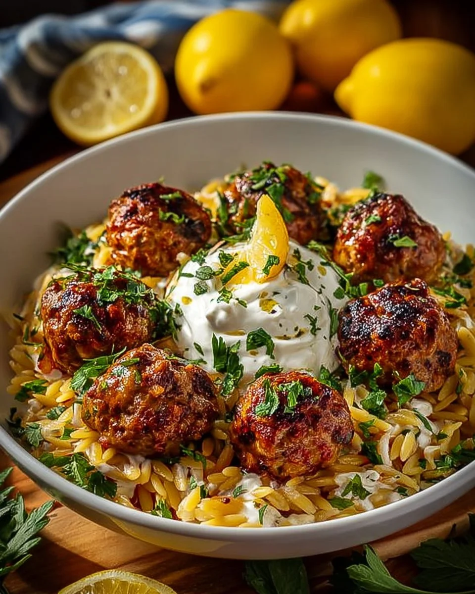 Boulettes grecques avec orzo citronné et crème de feta
