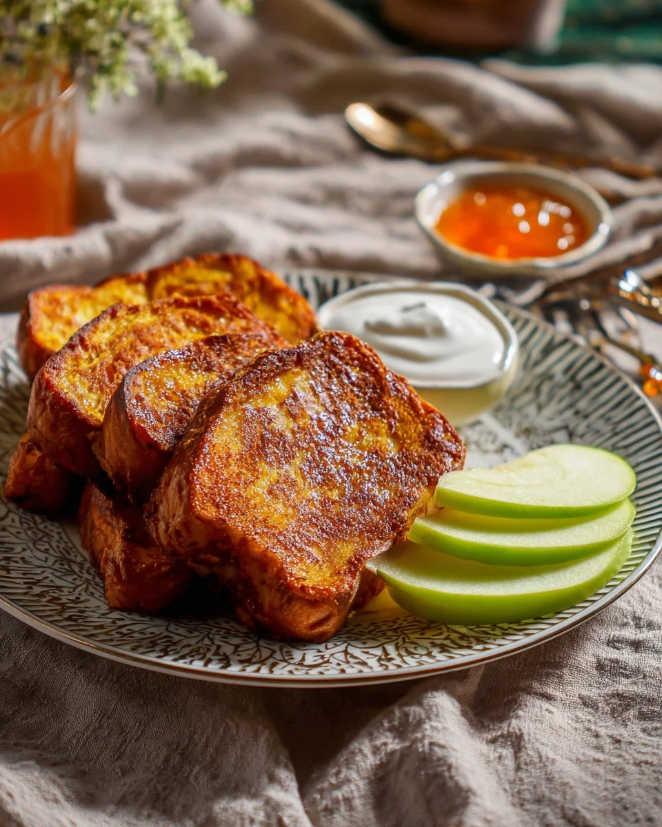 Une délicieuse brioche perdue servie avec du sirop d'érable et des fruits frais.