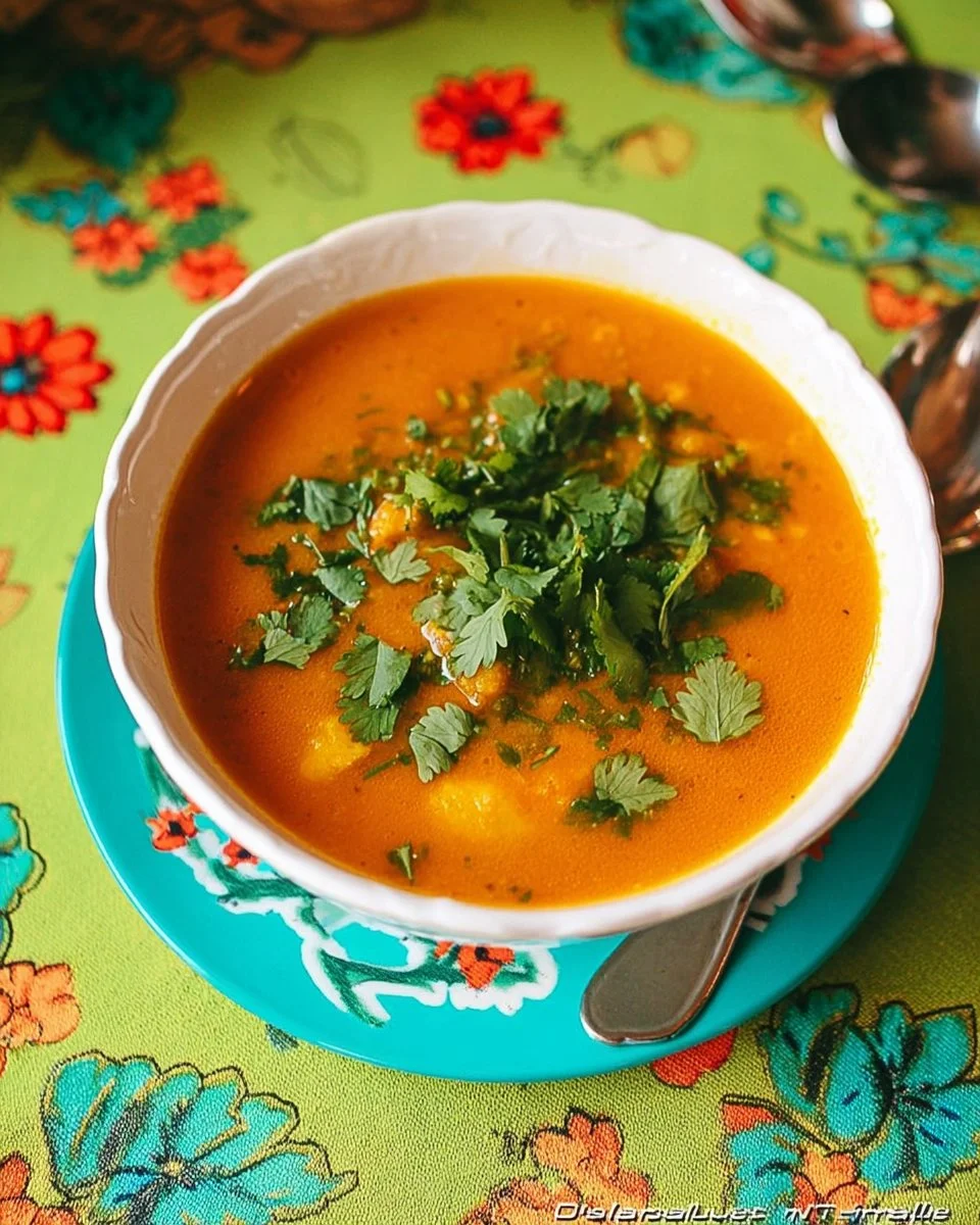 Chorba tunisienne (Tchicha) servie dans un bol avec des herbes fraîches.