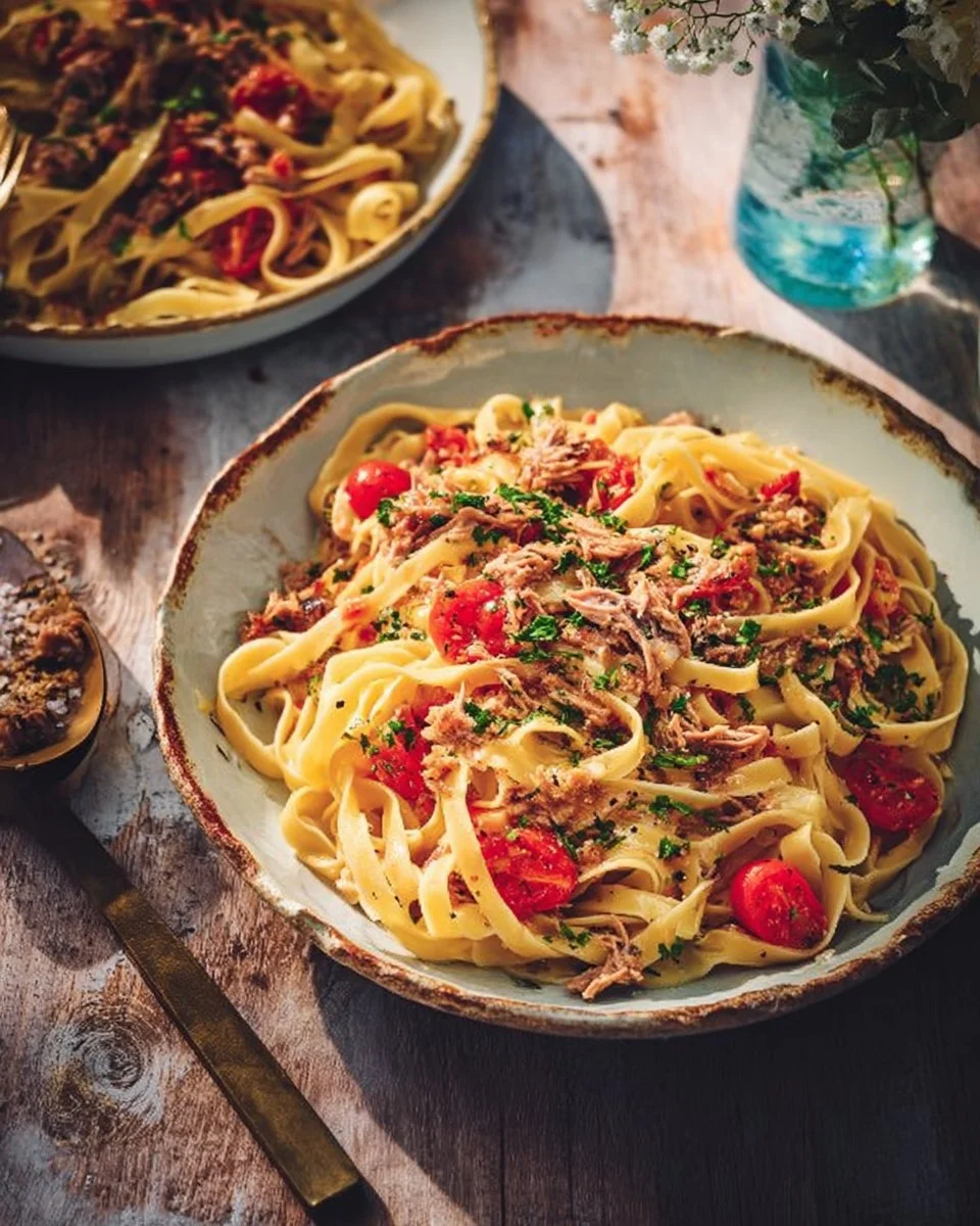 Fettuccine with anchovies and tuna
