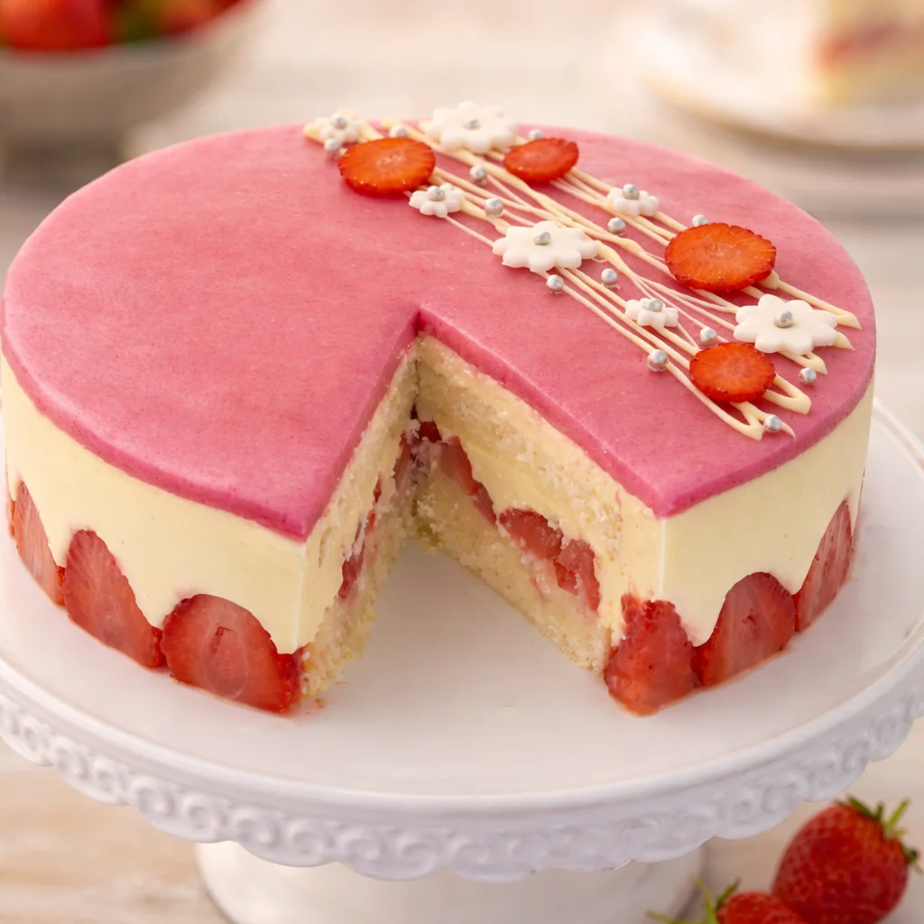 Un fraisier léger avec des fraises et de la crème vanille sur une assiette