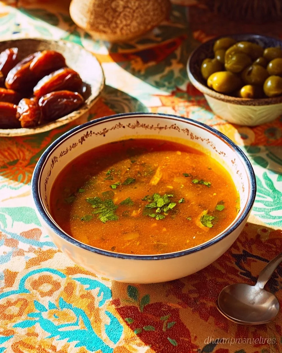 Bol de Harira marocaine garnie de cornichons et d'herbes fraîches.