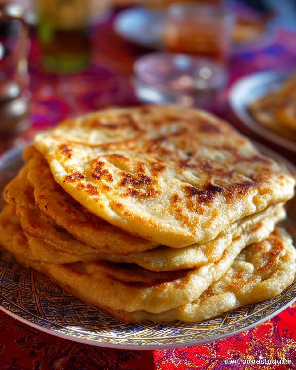 Msemen, galette marocaine dorée et feuilletée, servie avec du miel.
