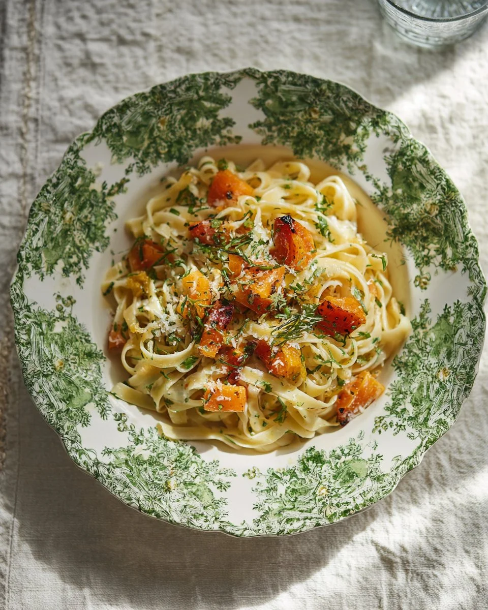 Fettuccine à la courge avec crème aux herbes, plat coloré et appétissant