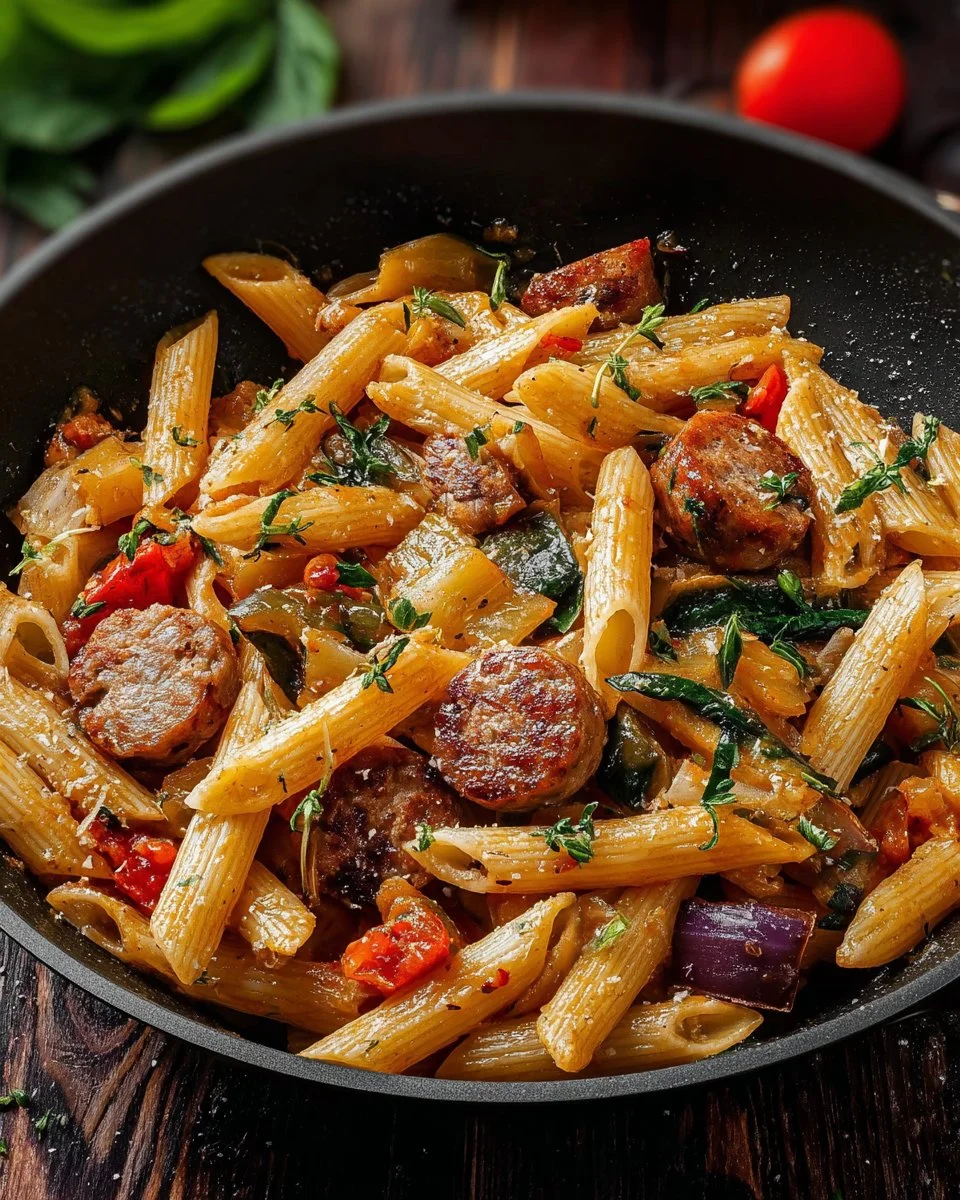 Pâtes Cajun avec Saucisse garnies d'épices et légumes colorés