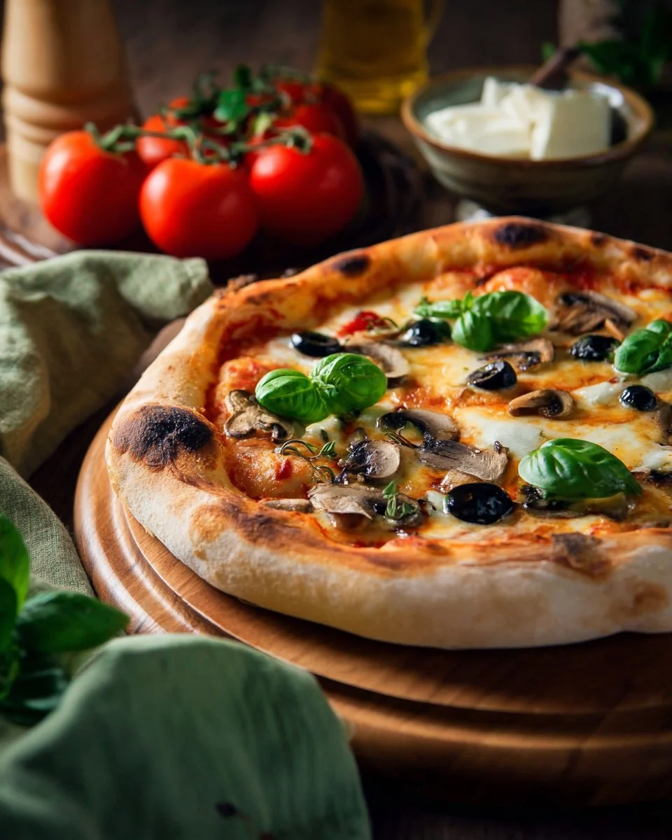 Pizza Regina savoureuse avec ingrédients frais et croûte dorée.