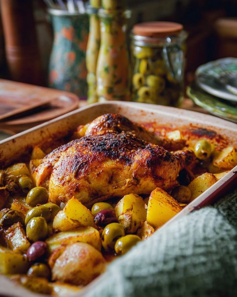 Poulet aux pommes de terre et olives cuit au four