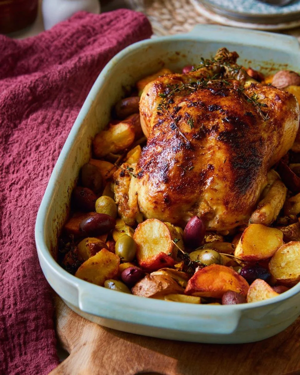 Poulet aux pommes de terre et olives cuit au four