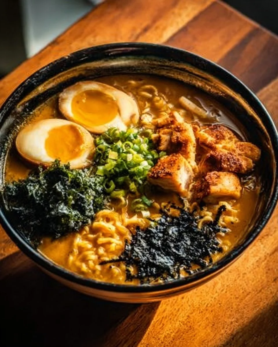 Bol de ramen au poulet facile avec des légumes frais