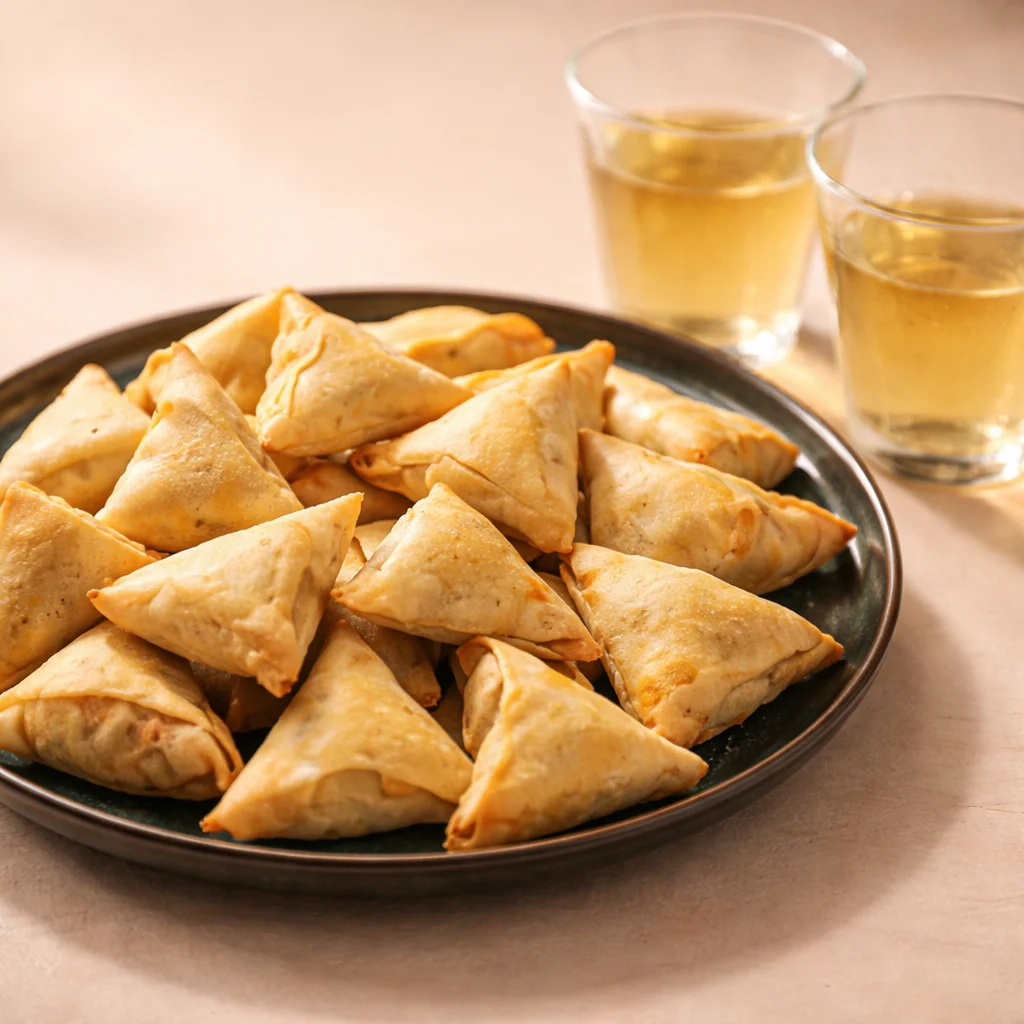 Samoussa croustillant farci aux légumes et épices, idéal pour les apéritifs.