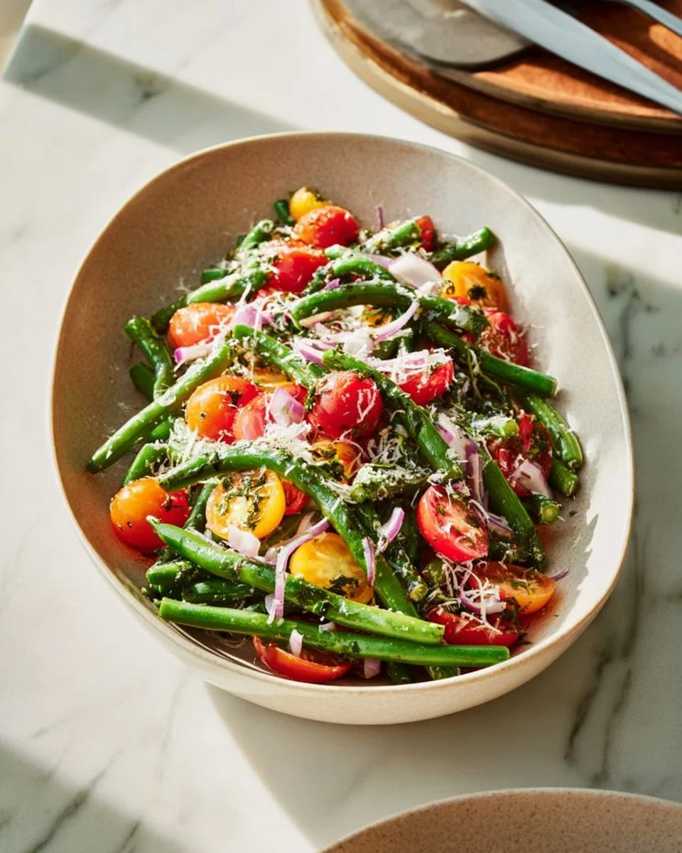 Salade de haricots verts de Joanna Chery avec vinaigrette maison et légumes frais