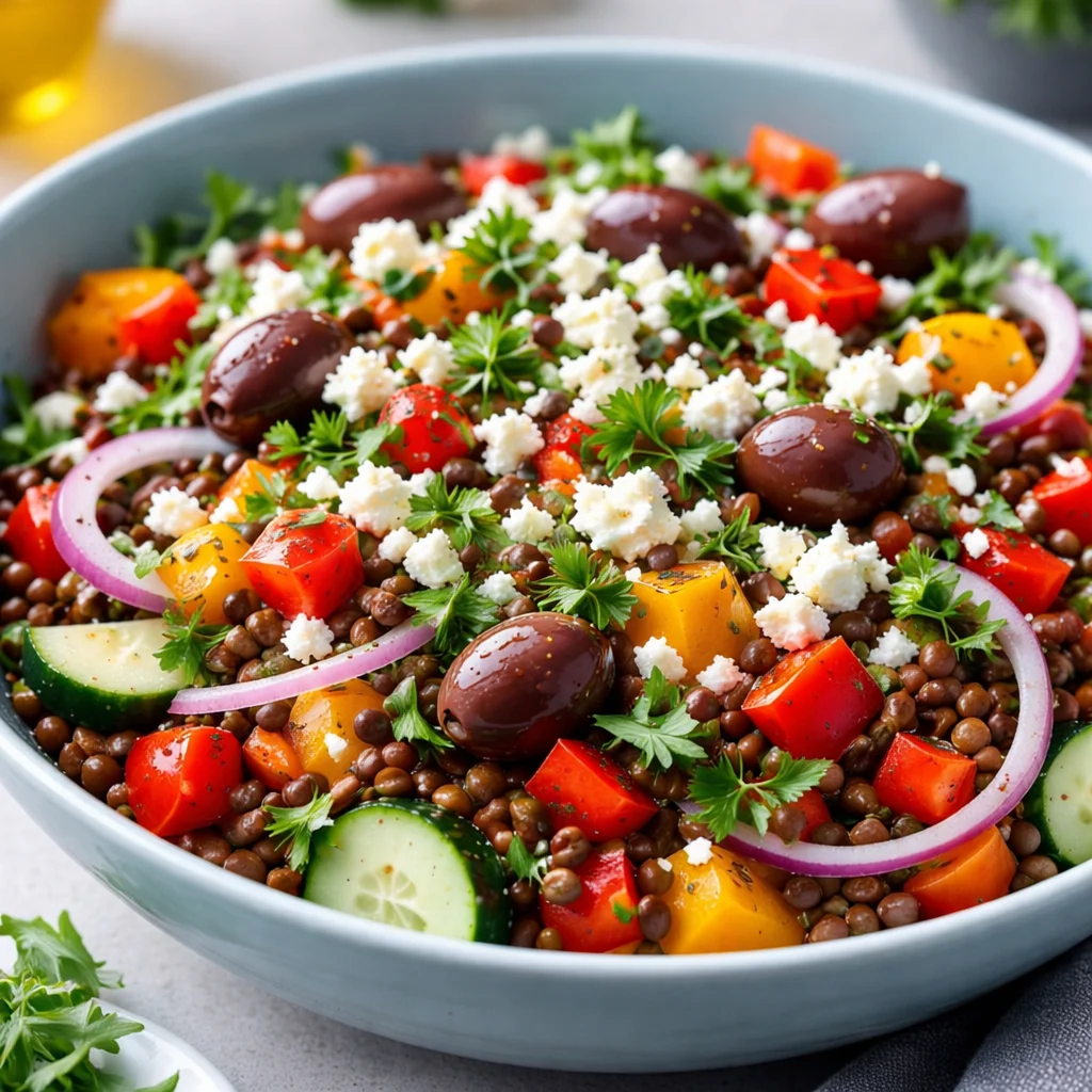 Salade de lentilles avec légumes frais et tofu fumé, un plat végétal délicieux.