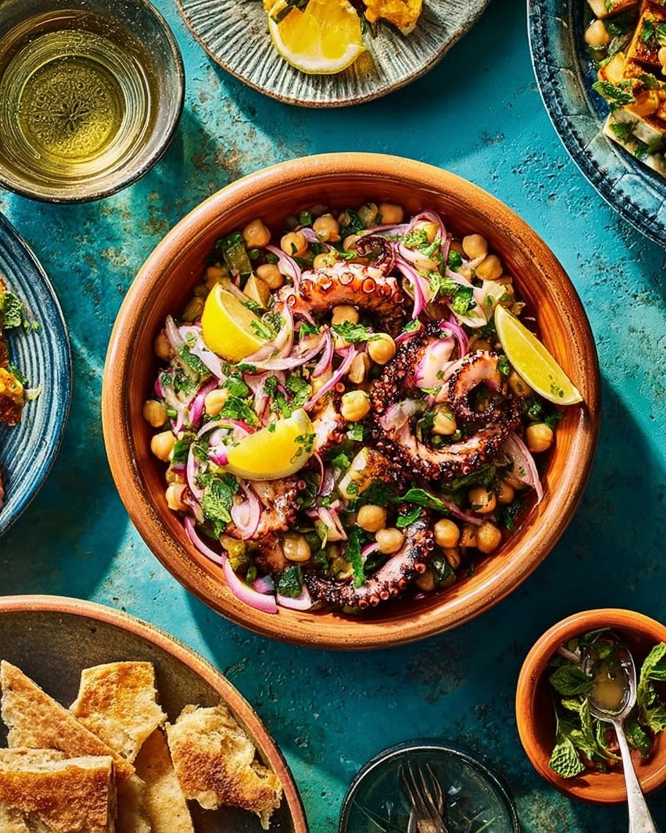 Salade d'octopus grillé avec courgettes et pois chiches sur une assiette