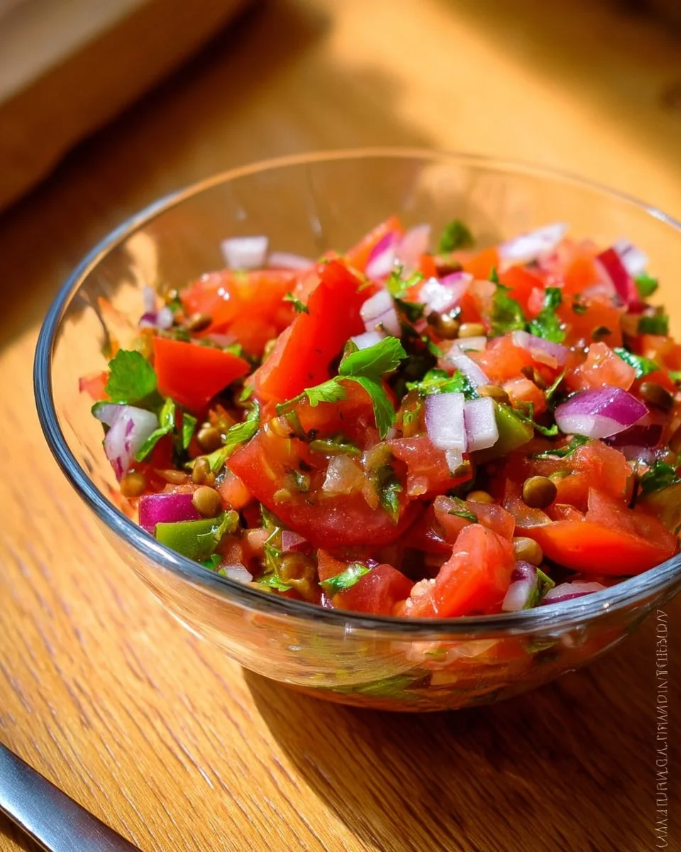 Salade froide de lentilles et avocat dans un bol, garnie d'herbes frais.
