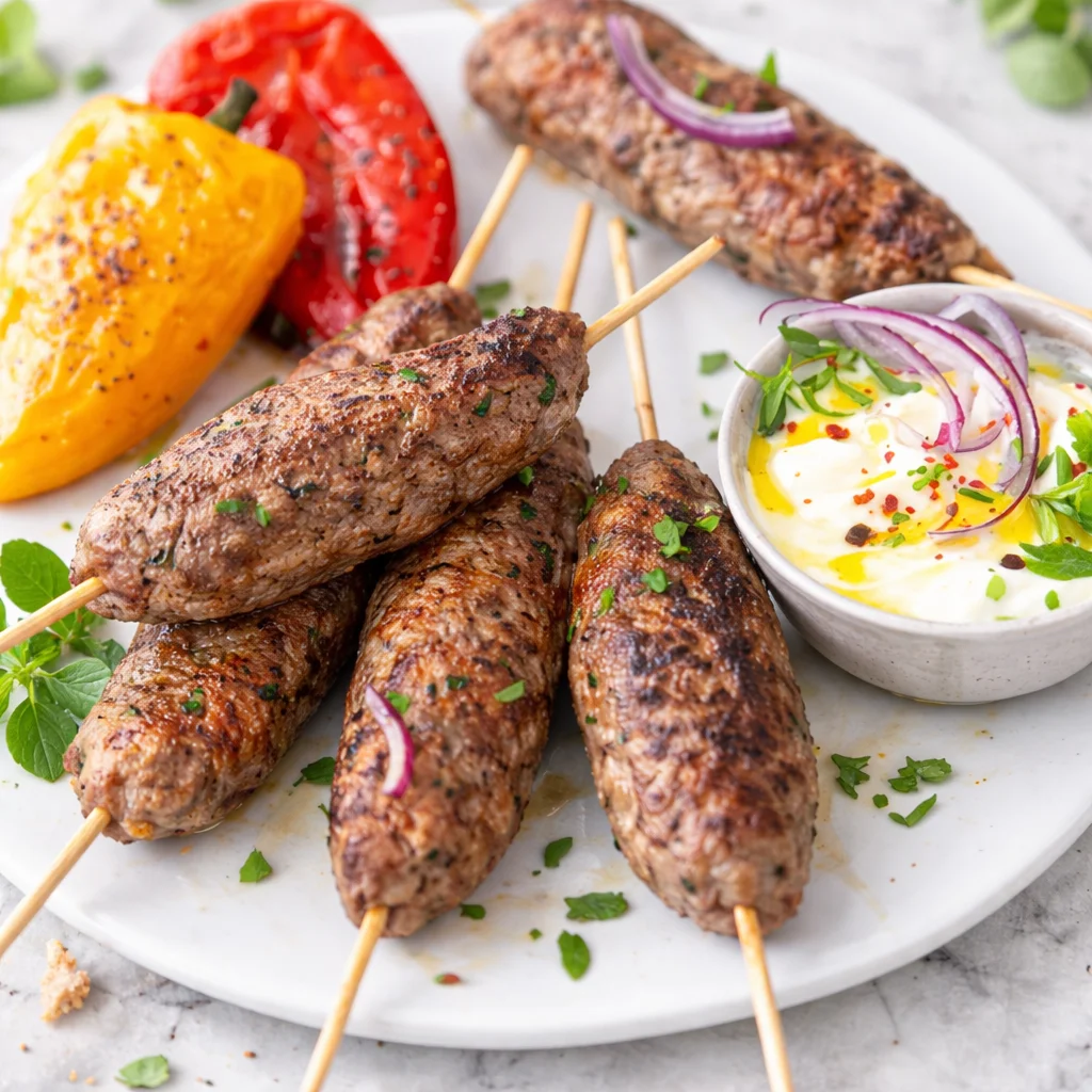 Brochettes de kefta savoureuses avec viande hachée, épices et herbes fraîches.