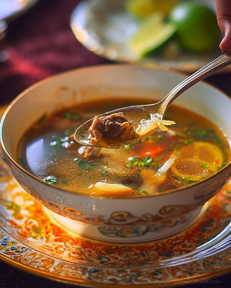 Soupe chinoise aux crevettes, poulet et vermicelles dans un bol.