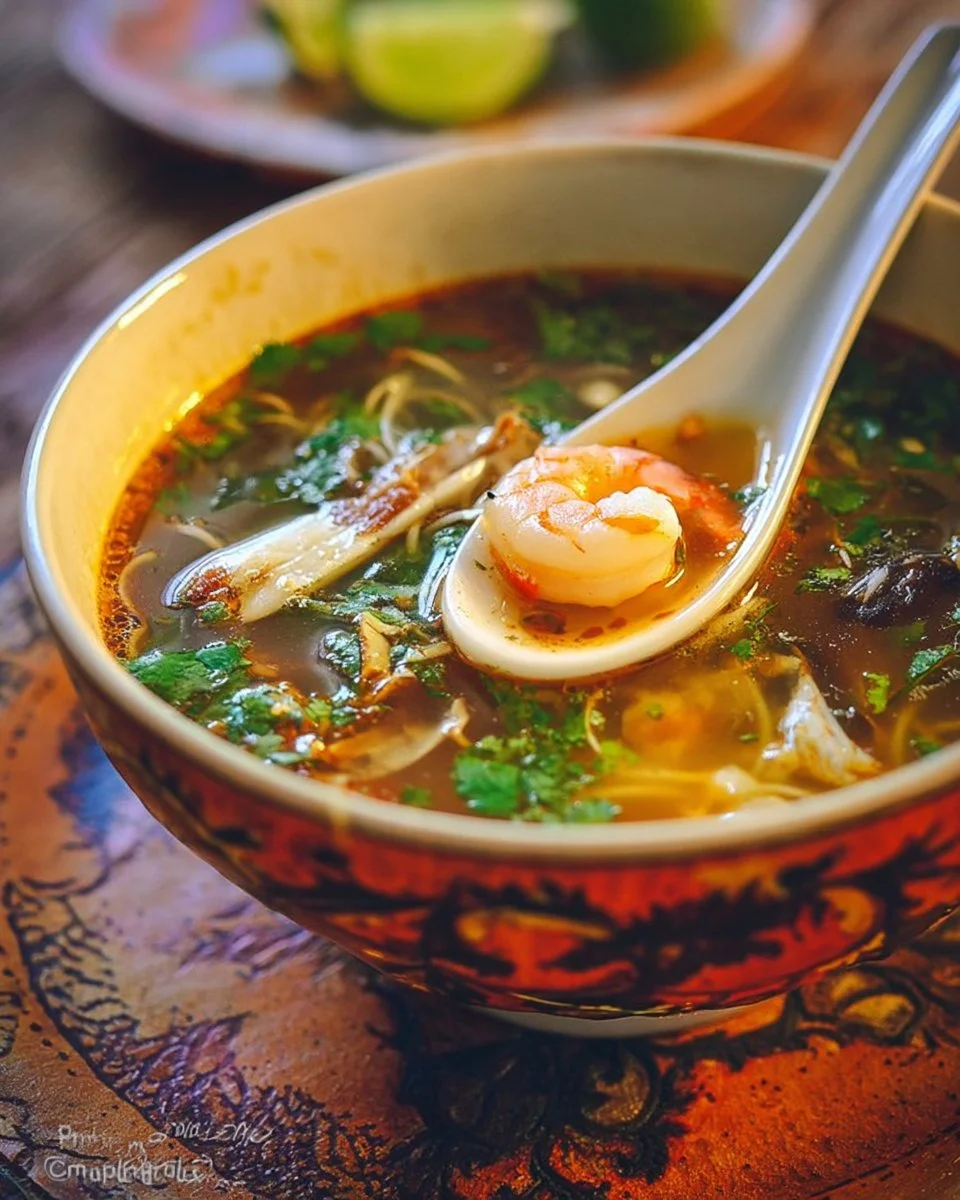 Soupe chinoise aux crevettes, poulet et vermicelles