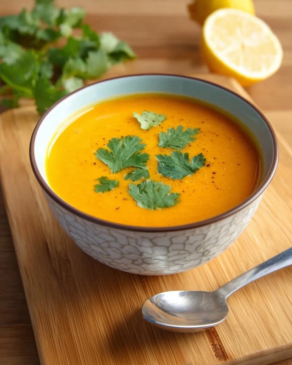 Soupe de carotte aux lentilles corail de Cyril Lignac dans un bol en bois.