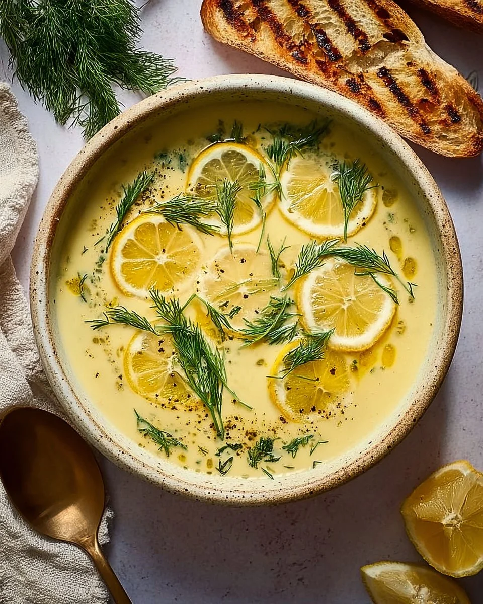Soupe avgolemono grecque avec poulet, citron et orge perlée dans un bol.
