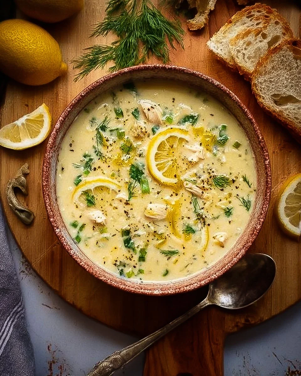 Soupe grecque avgolemono avec poulet, citron et orge perlée