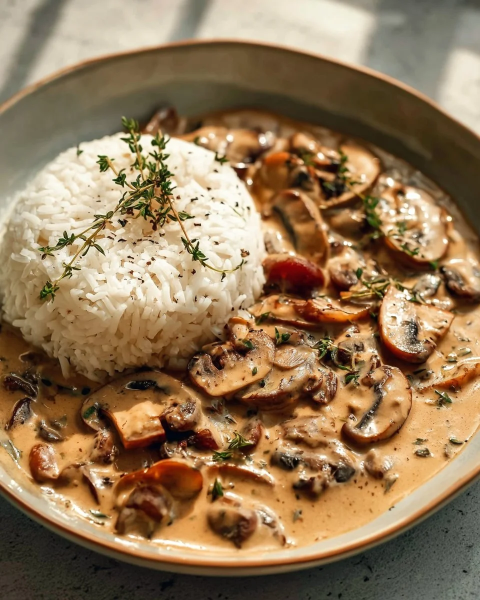Recette de Stroganoff de champignons servie dans une assiette