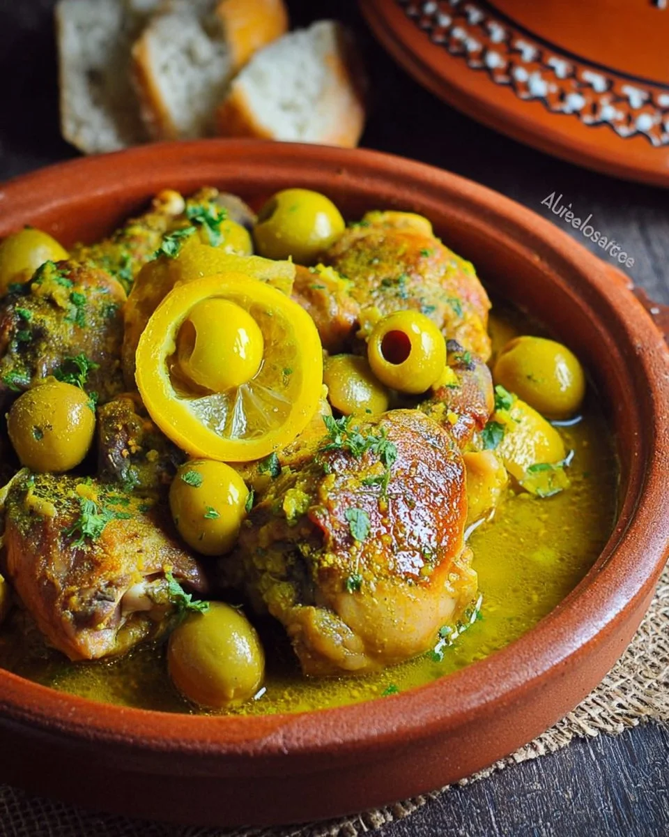 Tajine de poulet au citron confit et olives