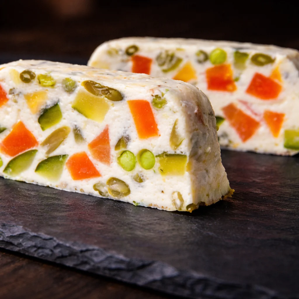 Terrine de légumes froide colorée servie avec une sauce tomate relevée.