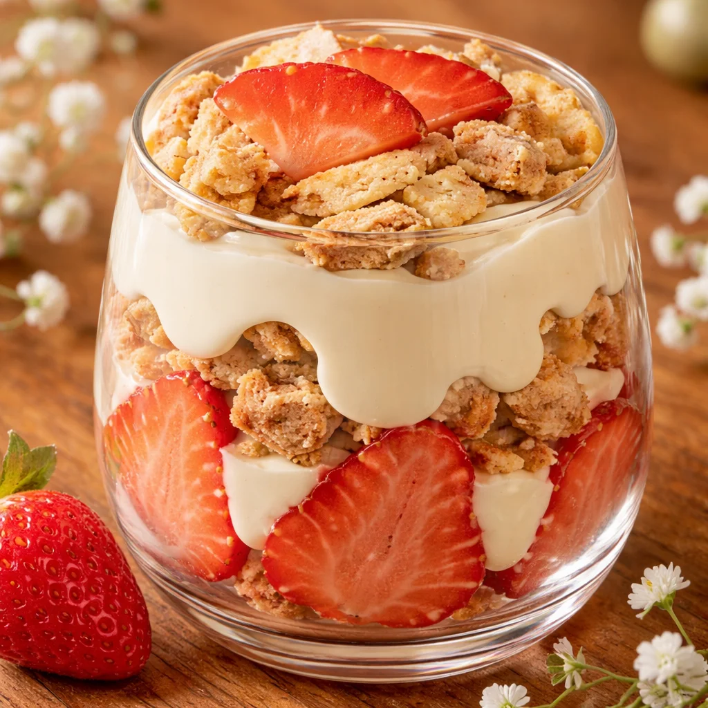 Recette de Tiramisu fraise avec mascarpone, biscuits et fraises fraîches.