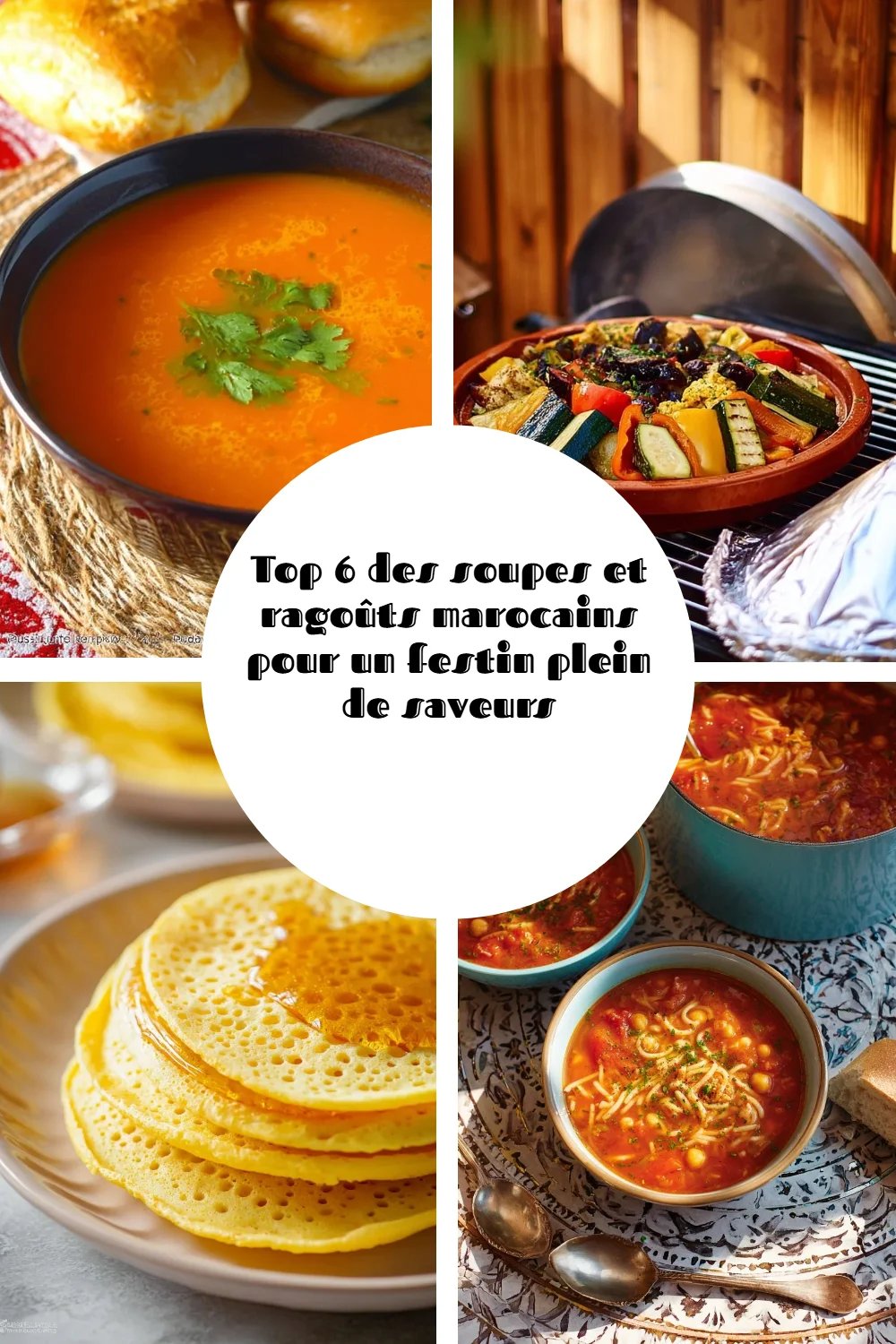 A colorful array of Moroccan soups and stews showcasing vibrant ingredients.