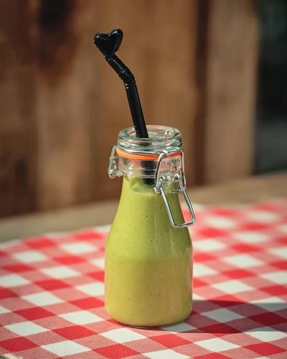 Un verre de jus d'avocat fraîchement préparé sur une table en bois.