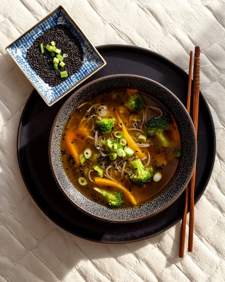 Bol de bouillon de légumes et nouilles au Miso, plat réconfortant et délicieux.