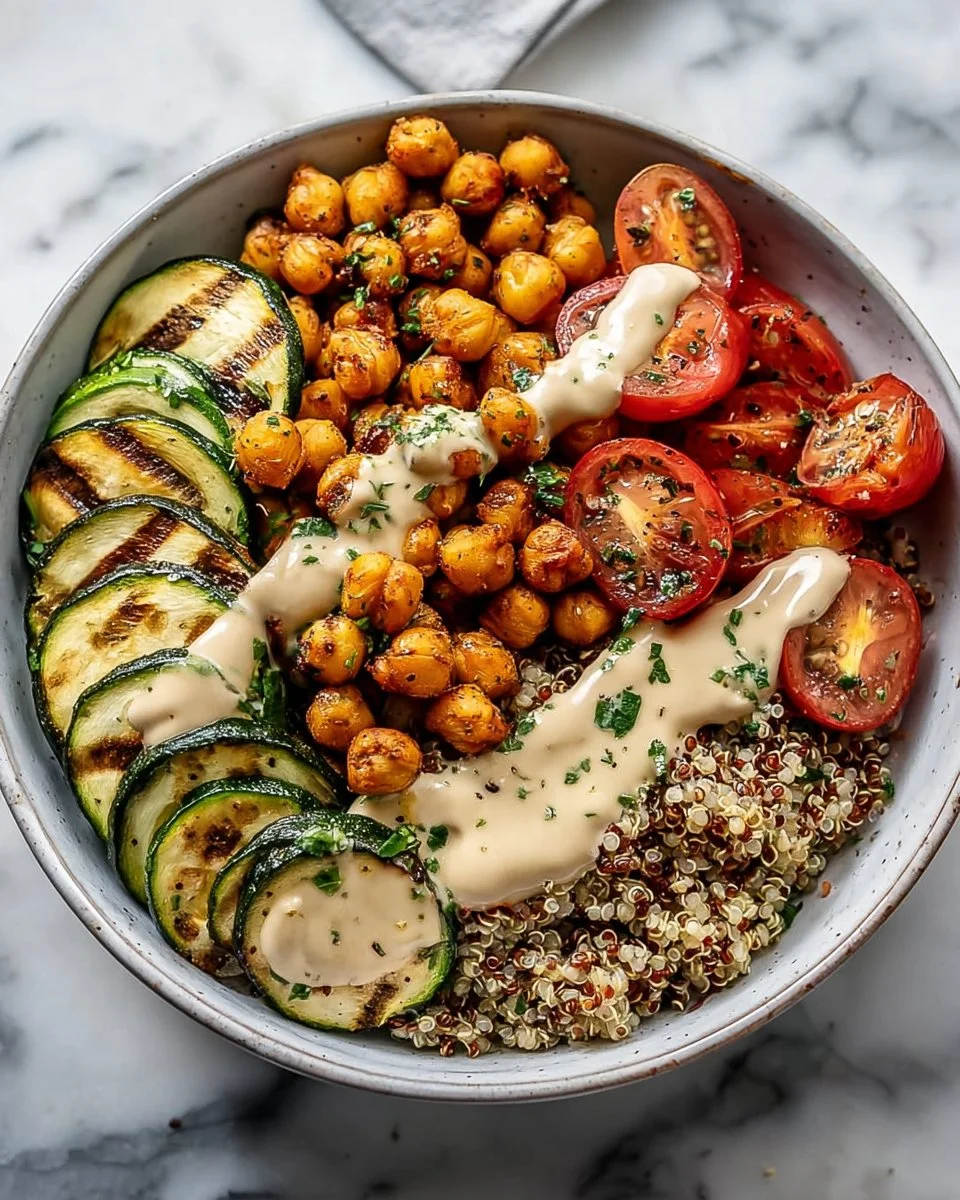 Bowl de quinoa avec légumes rôtis et sauce tahini, plat coloré et nutritif.