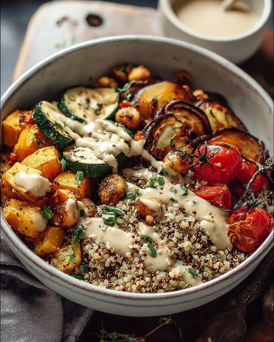 Bowl de quinoa aux légumes rôtis et sauce tahini