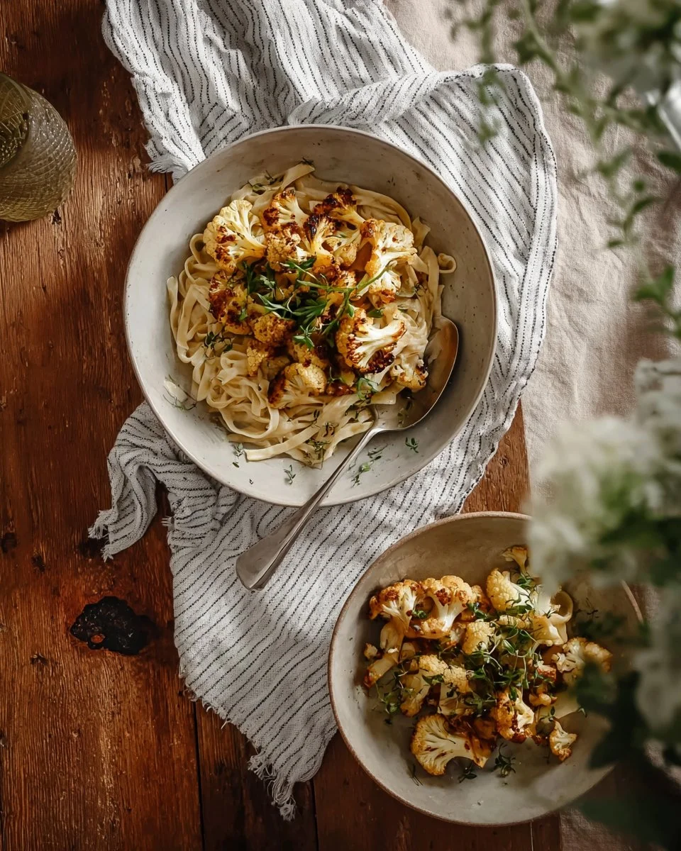 Pasta crémeuse à l'ail avec chou-fleur cajun rôti, un plat délicieux