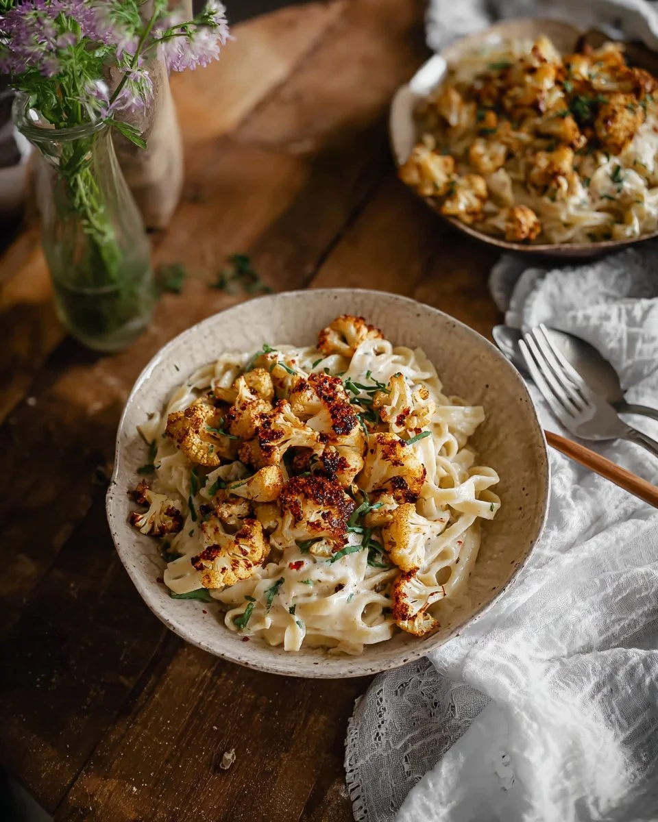 Creamy Garlic Pasta with Roasted Cajun Cauliflower