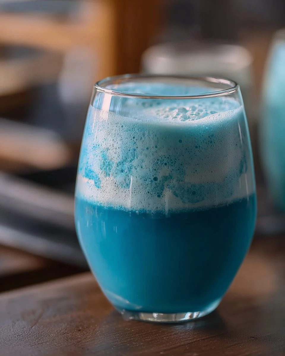 Latte au pois bleu papillon dans une tasse, mettant en avant sa couleur unique et sa présentation.