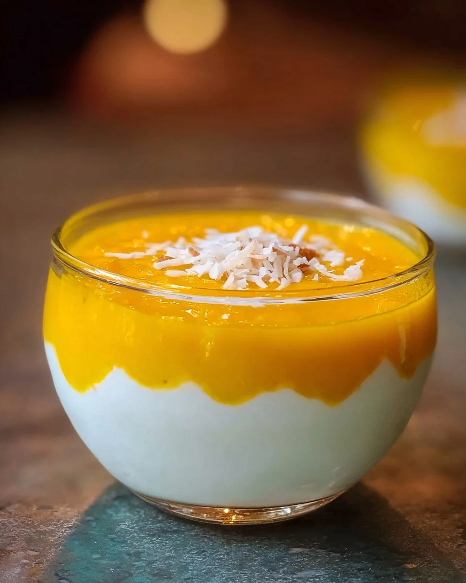 Perles de japon au lait de coco avec coulis de mangue, un dessert savoureux.