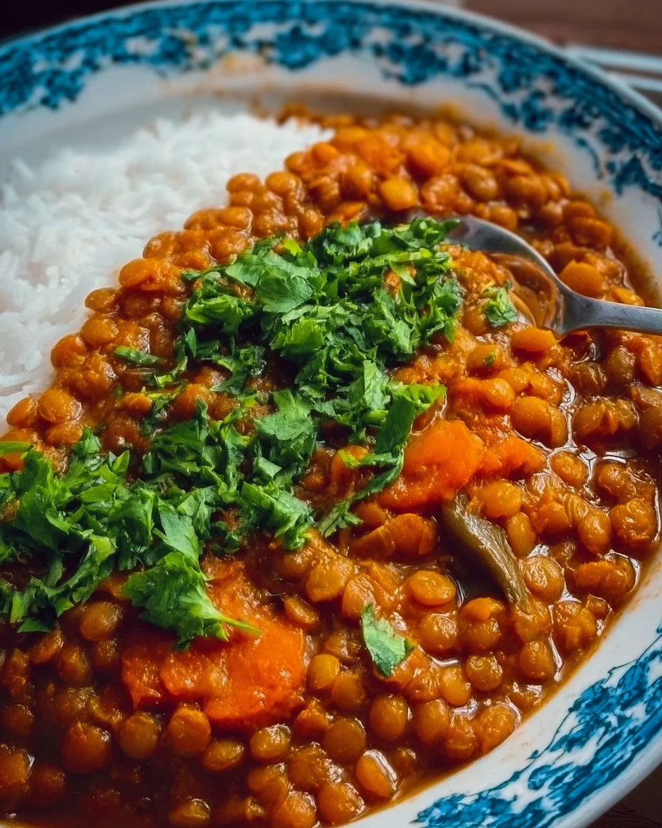 Plat de lentilles à la marocaine sans viande, prêt à déguster.