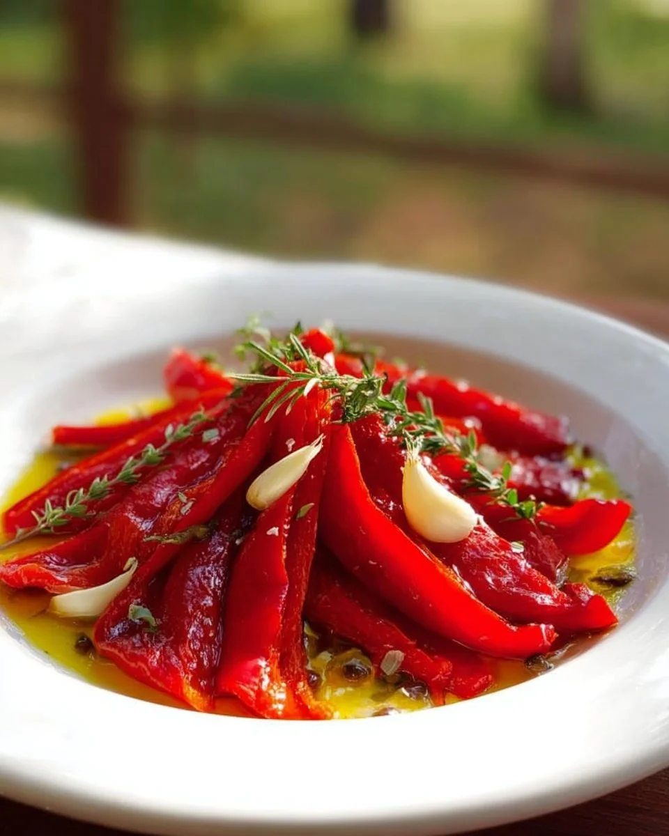 A colorful platter of roasted and marinated peppers, showcasing vibrant flavors.