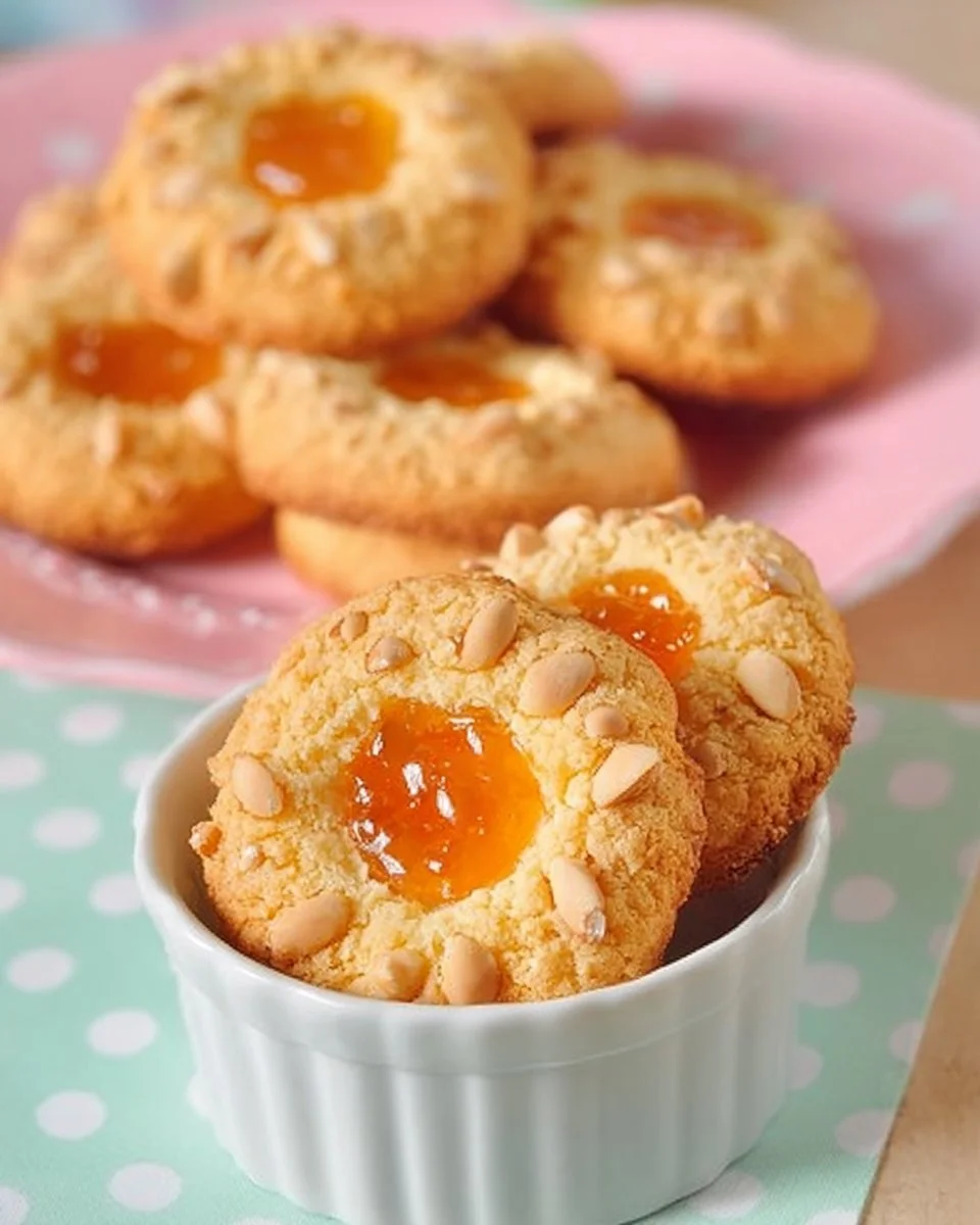 Sablés à la confiture garnis d'amandes concassées sur une assiette.