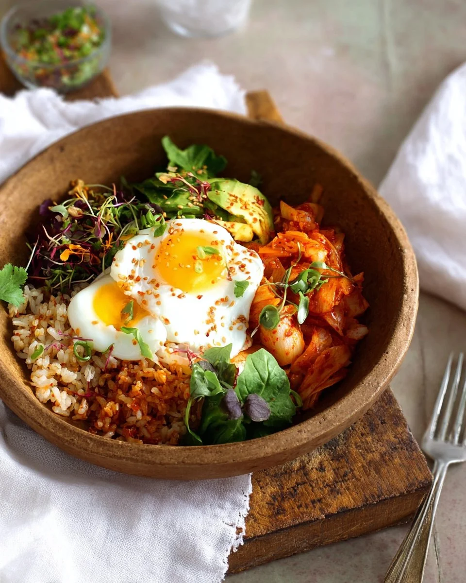 Salade bowl de riz, kimchi et œufs pochés