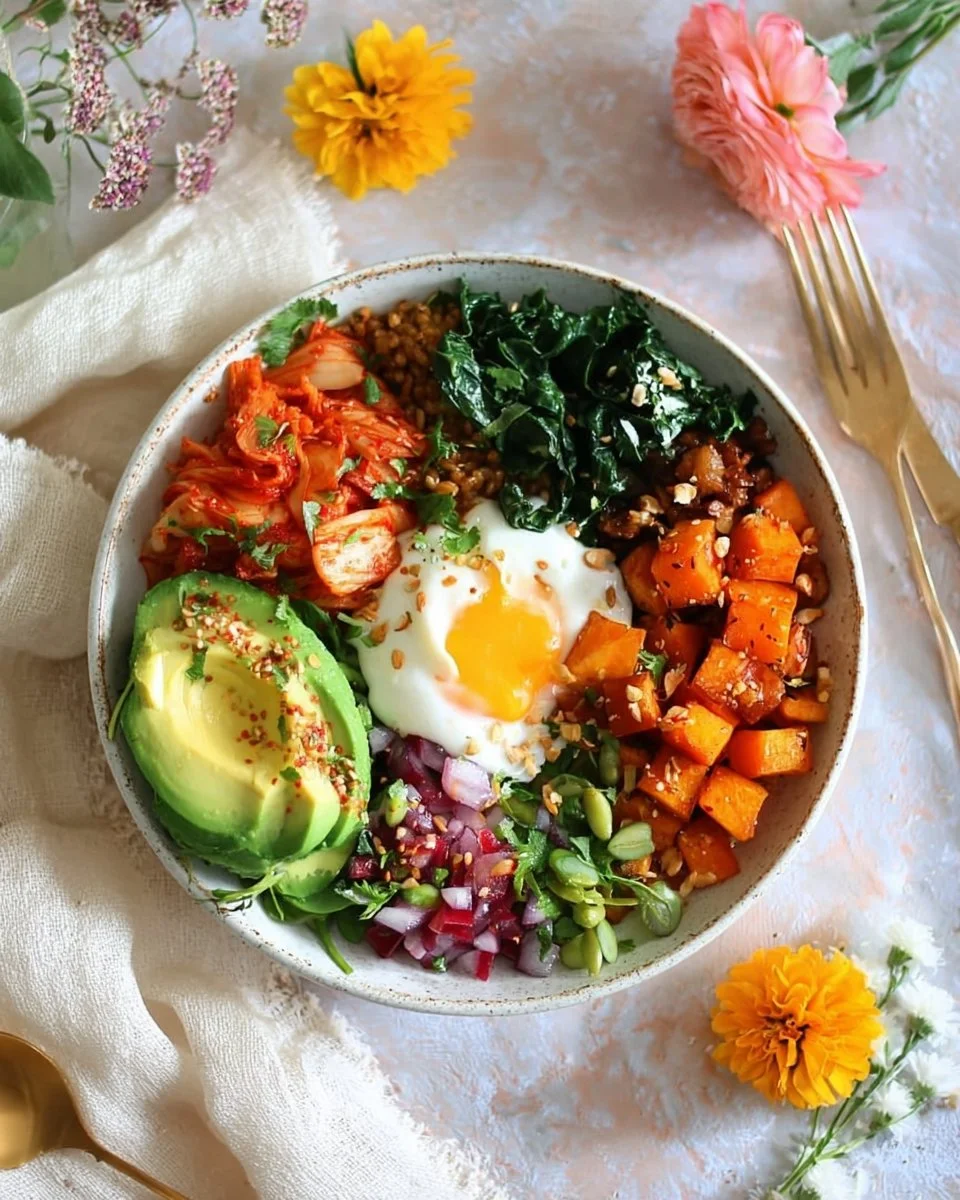 Salade bowl de riz, kimchi et œufs pochés