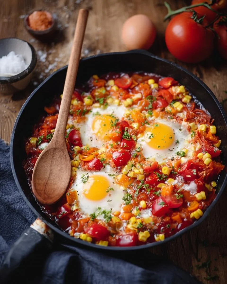 Sauté of tomatoes, peppers, corn, and eggs