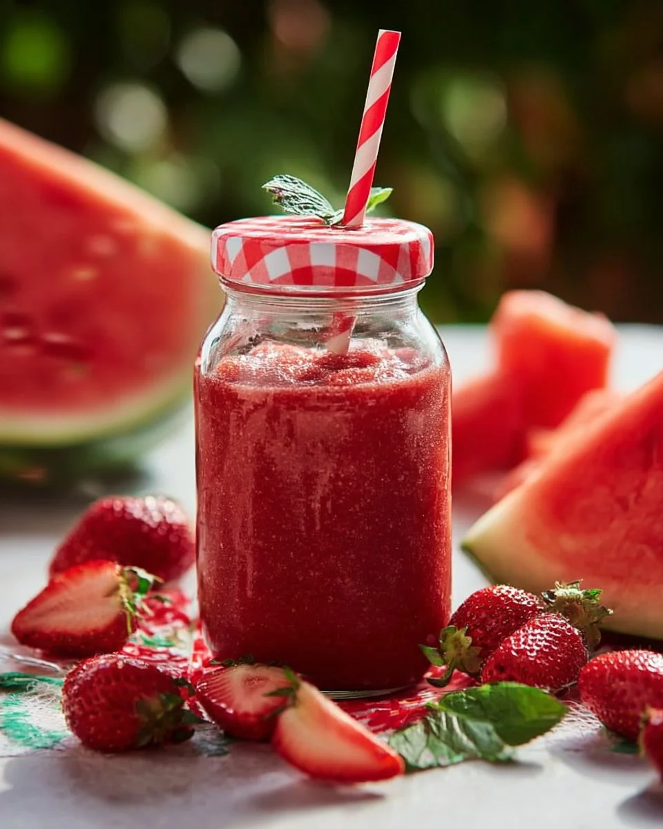 Smoothie rafraîchissant à la pastèque et fraise dans un verre avec des garnitures