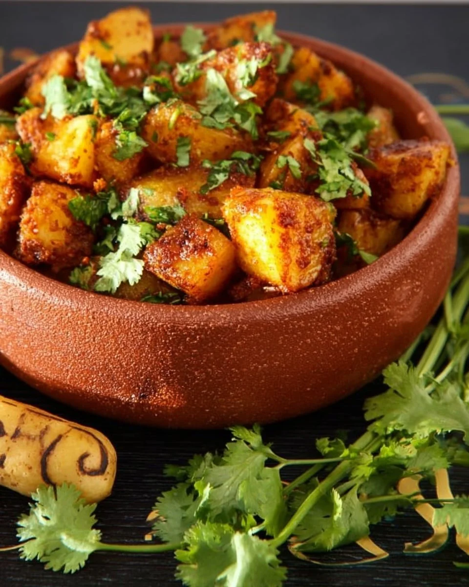 Delicious and crispy spicy potatoes served with fresh herbs and spices.