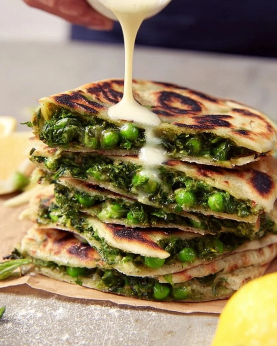 Stuffed pastry gozleme with spinach, peas, and cheese on a plate.