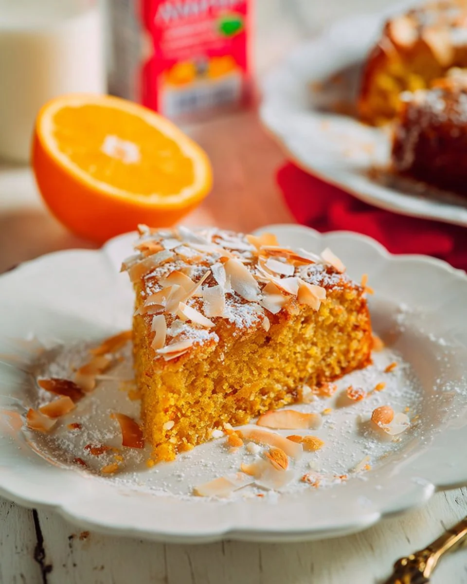 Gâteau aux oranges et amandes décoré sur une assiette