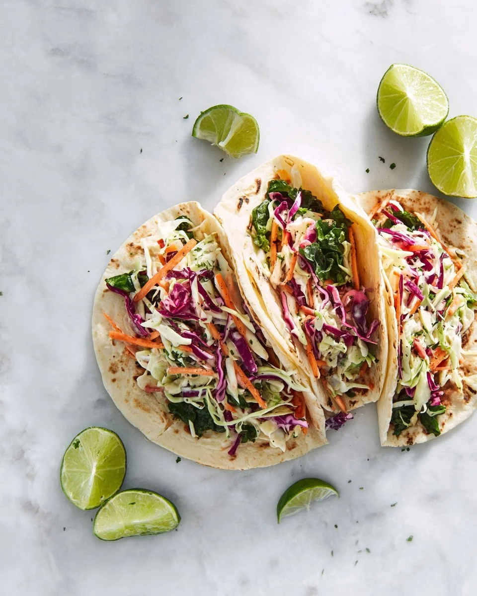Tacos avec guacamole et coleslaw, plat coloré et savoureux.